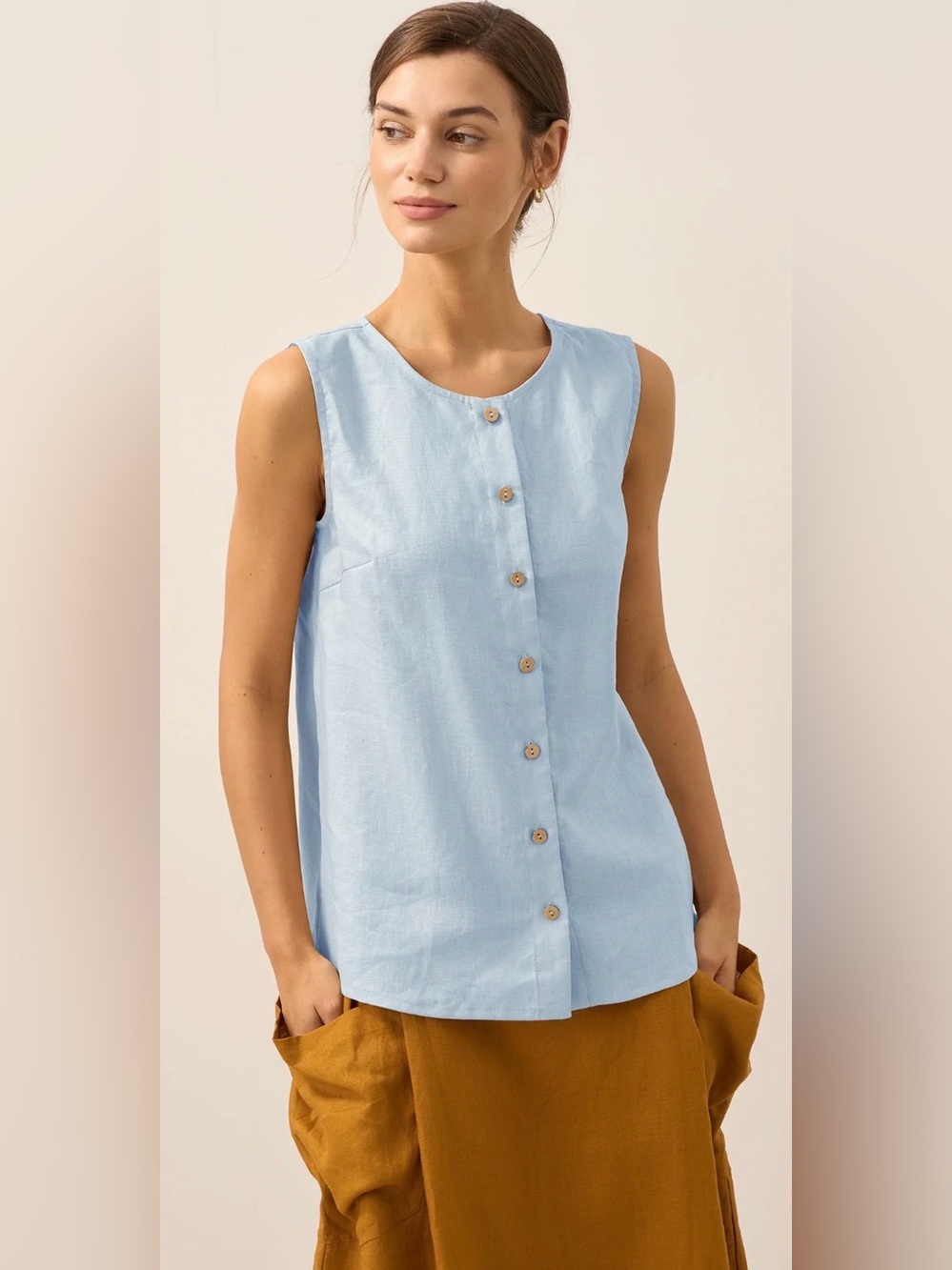 NWT 100% Linen Sleeveless Light Blue Button-Front Linen-Blend Camisole-XXL